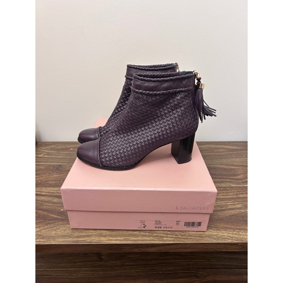 A.D. & Daughters Woven Leather Heeled Ankle Boots Size 8M Aubergine Fig Tassel - Picture 1 of 9